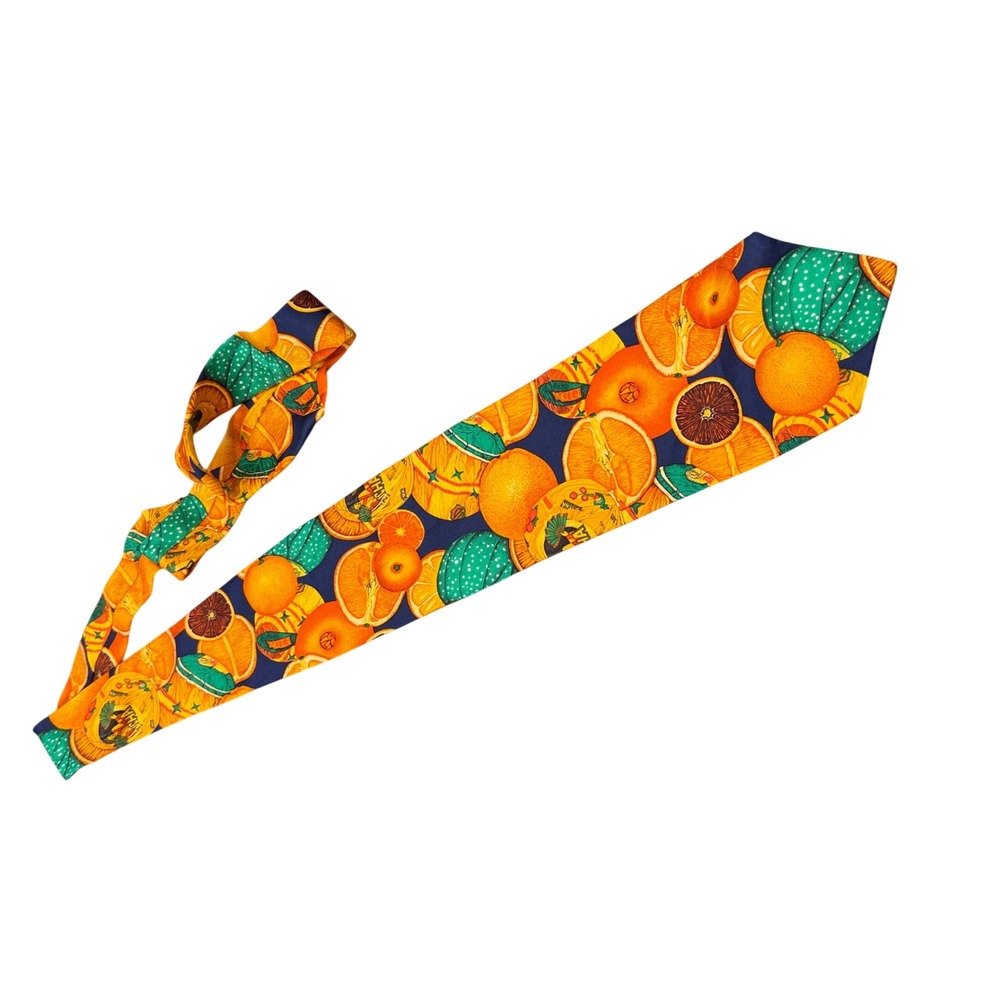 Yves Saint Laurent Silk Tie Mens OS Orange Navy Blue Citrus Fruit Print Italy